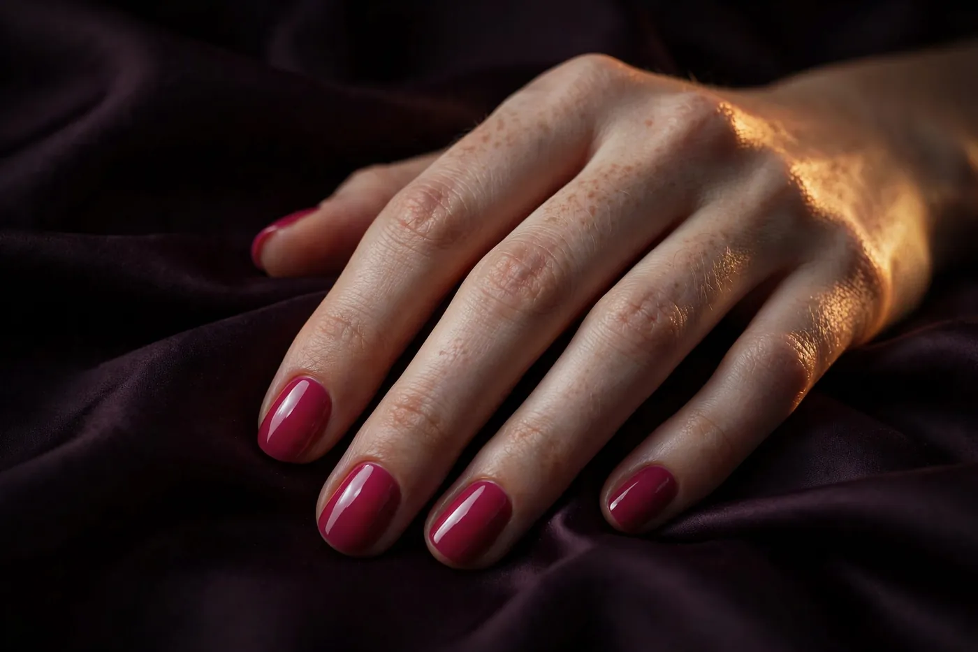 Fresh glossy pink manicure on dark silk
